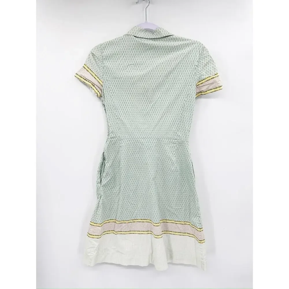 Tory Burch Emmy Green Printed Cotton Short Sleeve Pleated Shirt Dress Size 0‎